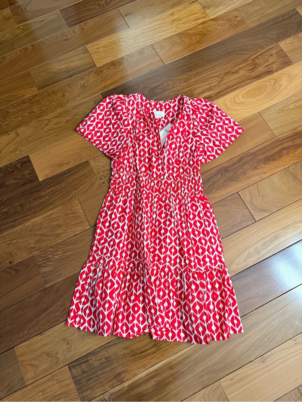 Anthropologie Red & White Geometric Smocked Waist Dress